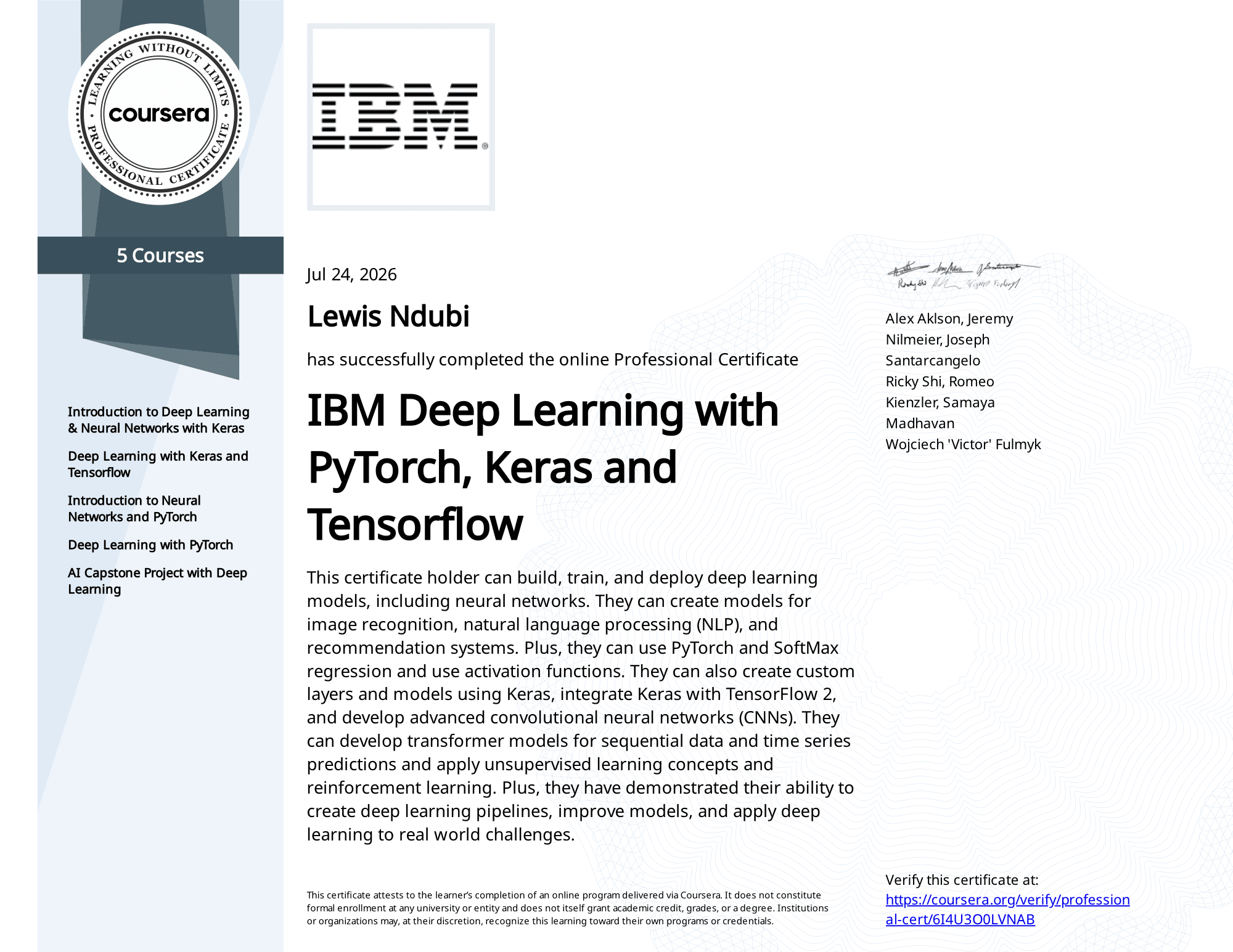 IBM Deep Learning with PyTorch, Keras and TensorFlow